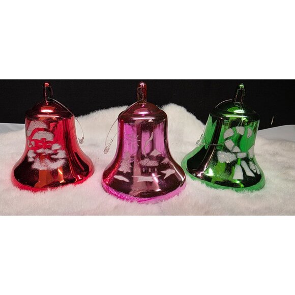 Vintage Metallic Christmas Bell Ornaments with Frosted Designs Plastic MCM - Picture 2 of 3
